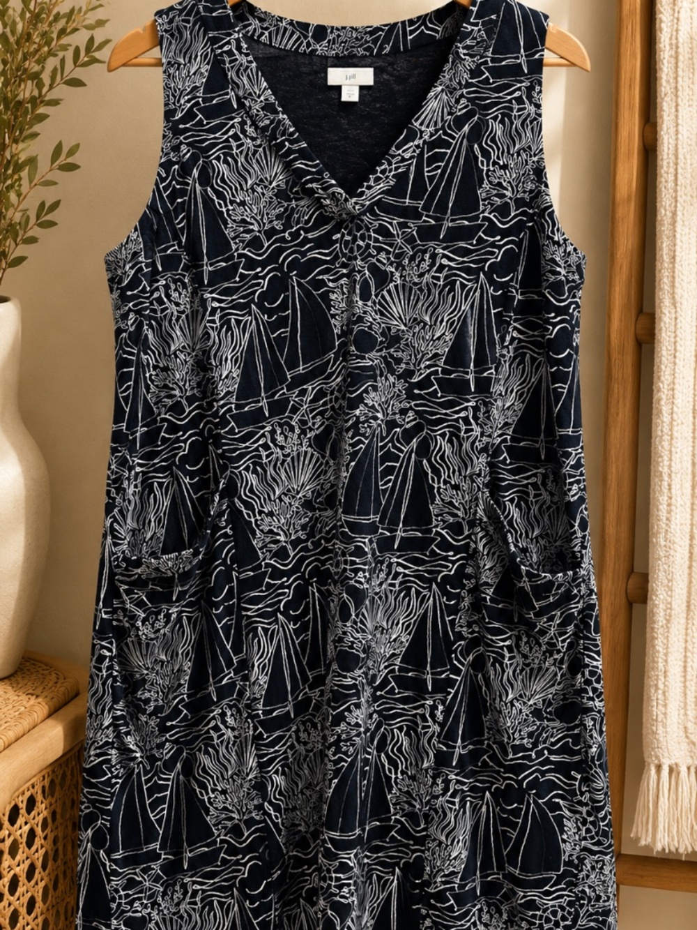 J.Jill Navy Sailboat Print Sleeveless Pocket Dress M